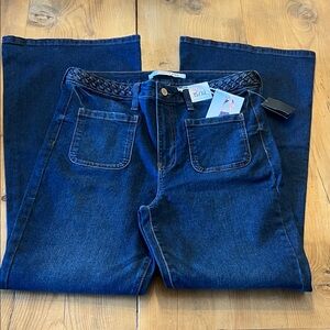 Celebrity Pink Dark Blue Denim Jeans with Braided Waist